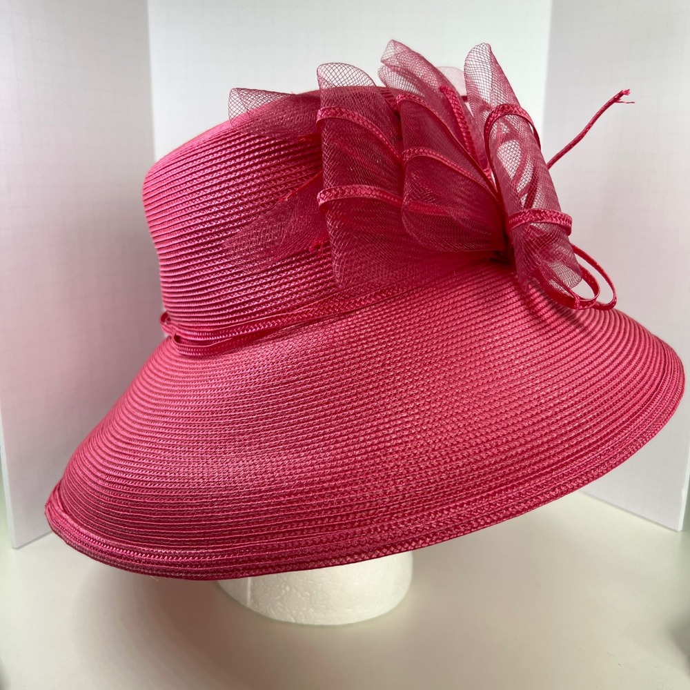 Georgi Women Hot Pink Wide Brim Church Hat Wedding Derby Mesh Bow Fuchsia